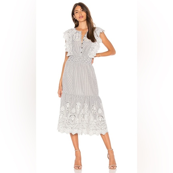 Saylor Striped Gray White Floral Embroidered Midi Dress Wedding Romantic Cottage - Picture 2 of 13